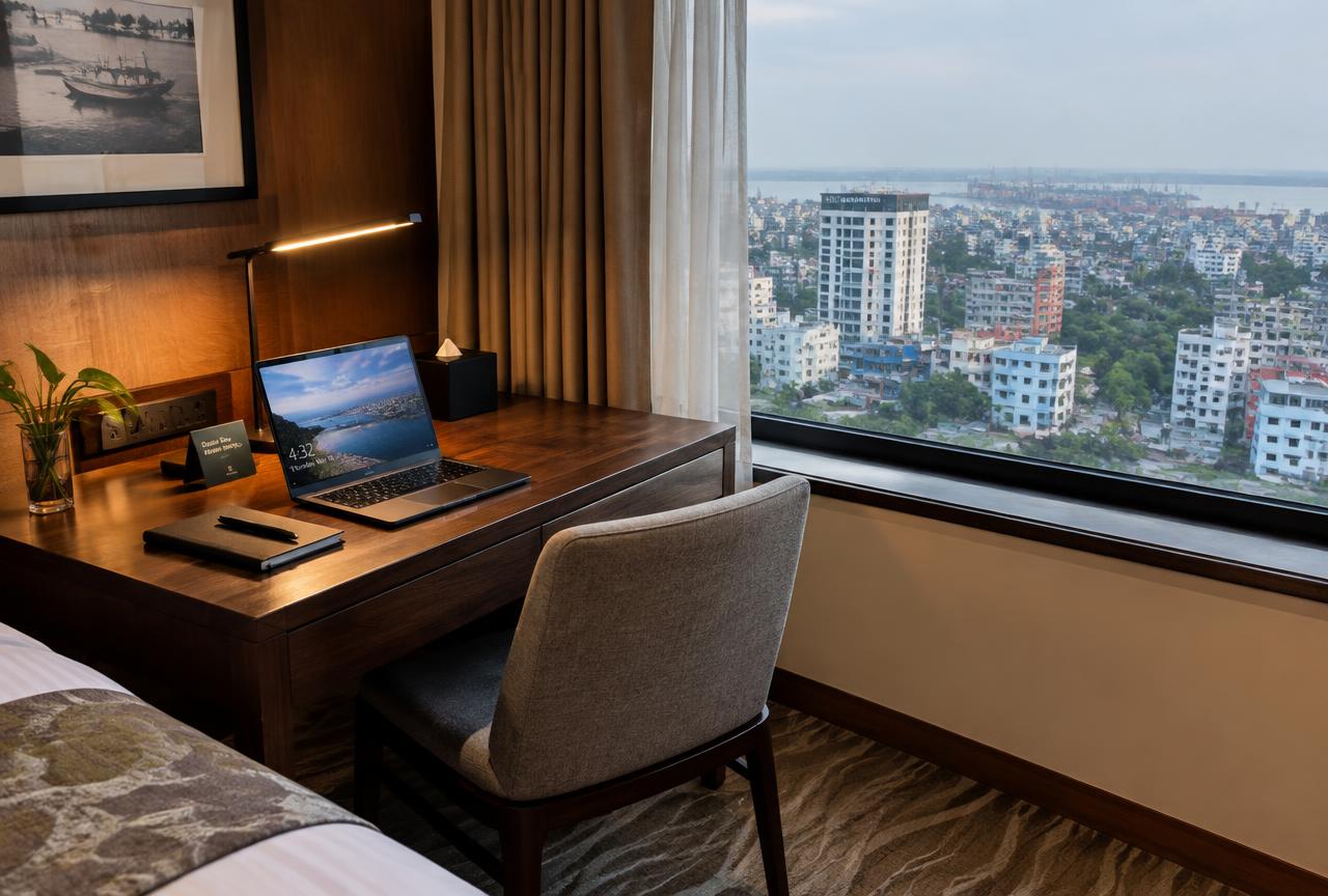 Deluxe Single — Work desk & city view (illustrative)