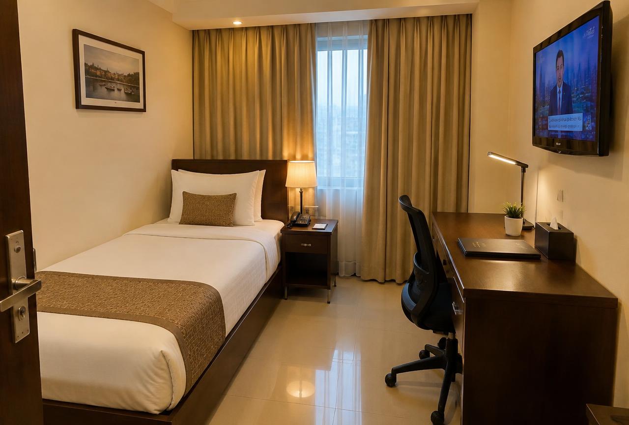 Executive Single — Bedroom & work desk (illustrative)