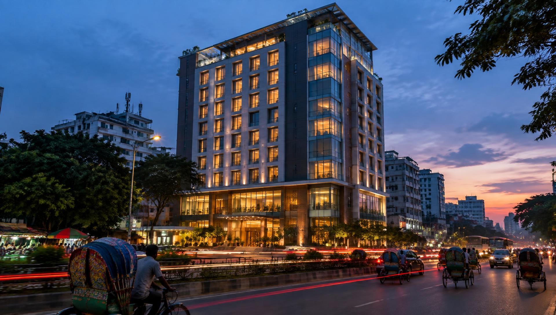 City hotel on a Chattogram street at dusk (illustrative image)